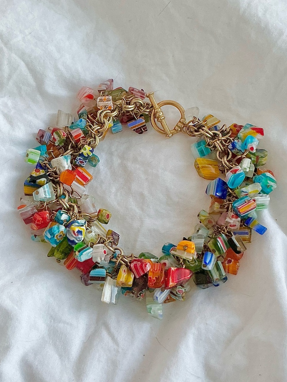 Vintage Multi-Color Murano Glass Mexican Charm Bracelet gold tone toggle